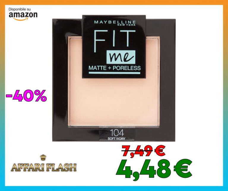 Maybelline New York Fit Me Matte&Poreless Cipria Opacizzante e Fissante, Pennello e Specchietto Inclusi, 104 Soft Ivory