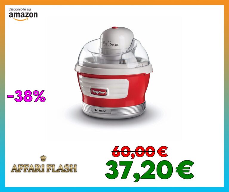 Ariete 643 Ice Cream Maker Party Time, Macchina per fare il gelato, 12W, Capacità 1,5 L, Cestello estraibile con doppio isolamento, Tempo preparazione 30 minuti, Coperchio per aggiunta ingredienti,