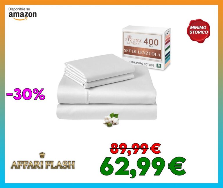 Pizuna Set lenzuola letto king size Cotone 160×200 cm Bianco, 400 fili in 100% cotone a fiocco lungo Sateen Completo lenzuola con 1 lenzuolo con angoli, 1 lenzuolo sopra, 2 federe
