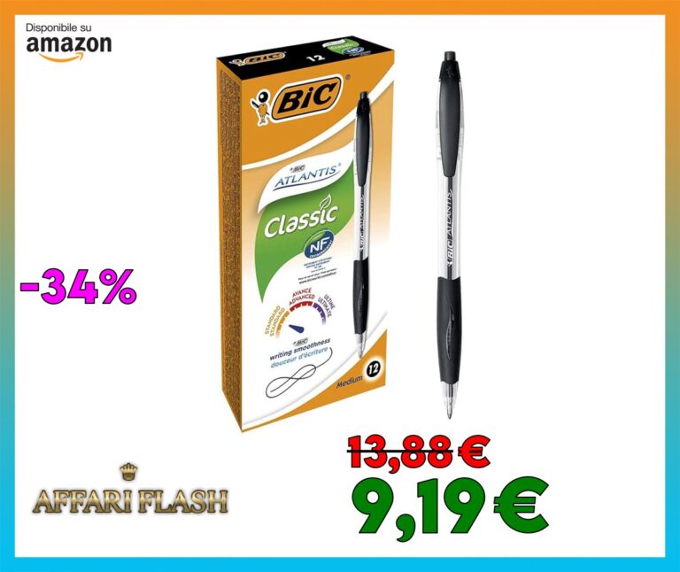 BIC Cristal Atlantis, Penne Nere a Sfera, a Scatto, Punta Media (1.00 mm), Confezione 12 Penne, Fornitura per Cancelleria Scuola e Ufficio
