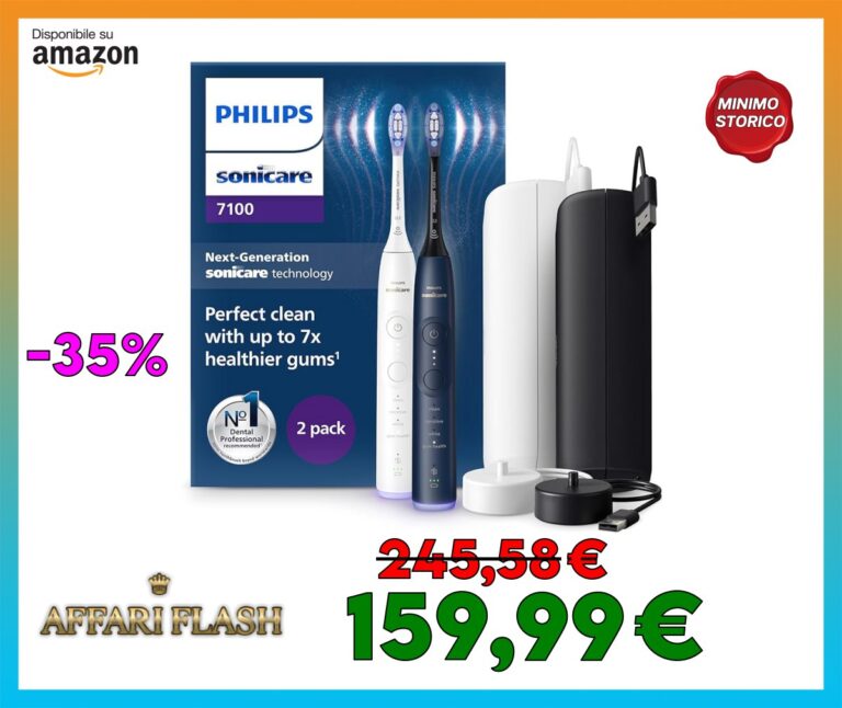 Philips Sonicare 7100, spazzolino elettrico sonico con app, 4 modalità di spazzolamento e 3 livelli di intensità, SmarTimer, bianco e blu navy, confezione da 2, HX7429/01 [Nuova tecnologia]