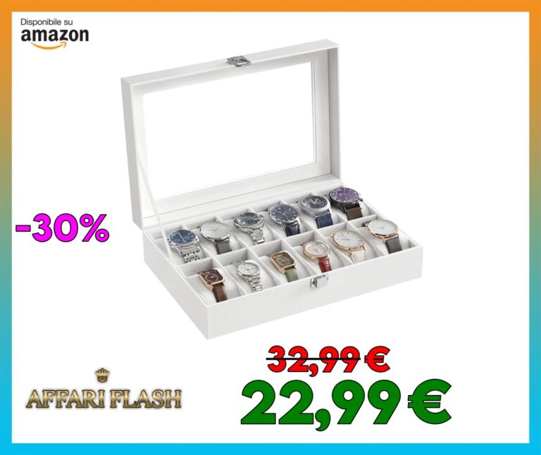 ️ SONGMICS Porta Orologi a 12 Posti, Scatola Portaorologi, Coperchio in Vetro, Cuscini Rimovibili, Chiusura in Metallo, Idea Regalo, Superficie in PU Bianca, Interno Bianco JWB202