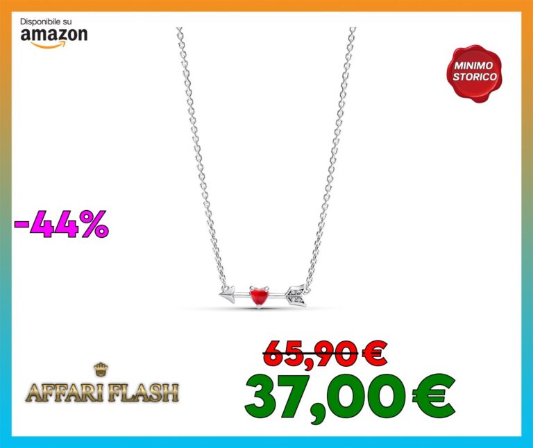 PANDORA Collana in argento sterling con ciondolo a forma di freccia a forma di cuore, con vetro di Murano rosso e zirconi trasparenti, misura 50 cm, One Size, Argento, Nessuna pietra preziosa