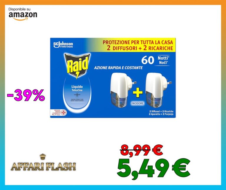 Raid Liquido Elettrico Antizanzare Comuni e Tigre, Inodore, Formato Convenienza, Confezione da 2 Diffusori e 2 Ricariche, 60 Notti