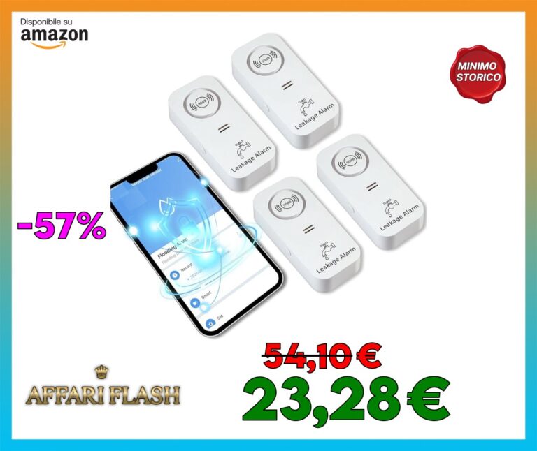 Rilevatore di perdite d’acqua WiFi (WiFi 2.4G), allarme sensore d’acqua da 90 dB e avviso tramite app, allarme rilevatore di perdite wireless, per tubi, cucine, bagni, cantine (4 pezzi)