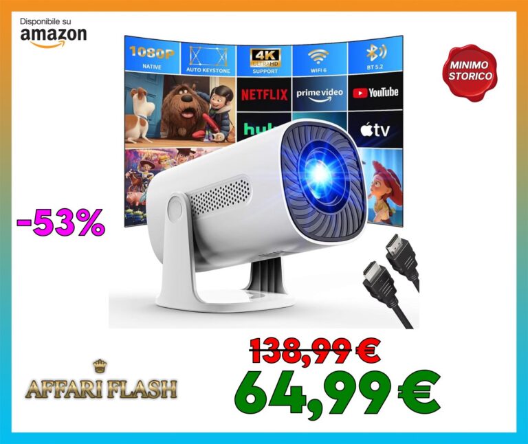 Mini Proiettore 4K 1080P Proiettore con Modalità Stella WiFi 6 y Bluetooth Proiettore con Apps e Android TV OS, Auto Keystone Altoparlanti stereo, Compatible con TV Stick/Smartphone/HDMI, Bianco