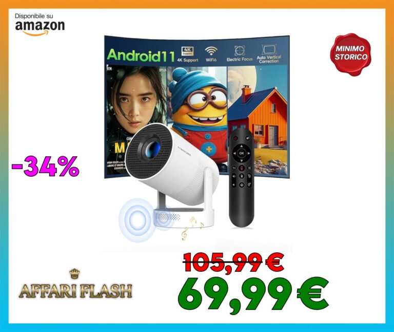 Mini Proiettore 4K Supporta Android 11, Smart Projector Messa a Fuoco Elettrica 5G WiFi 6 BT 5.0, Mini Portatile Proiettore Full HD 1080P Supporta 260ANSI Auto Orizzontale Trapezoid Correction