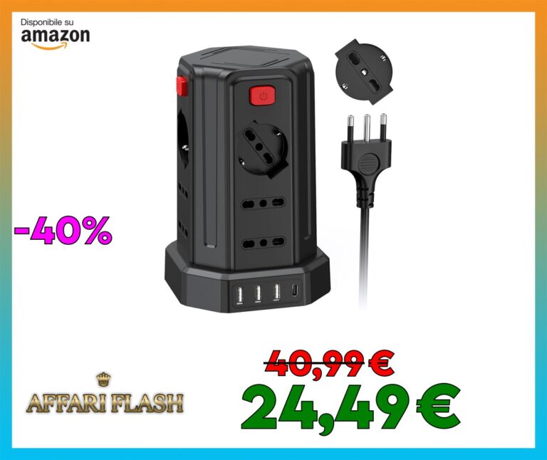 2 Metro Ciabatta Elettrica Multipresa con 12 Prese Universali 10/16A ITA e Schuko e 3 USB A+1 USB C protezione Sovratensione con 4 interruttori indipendenti, Nero