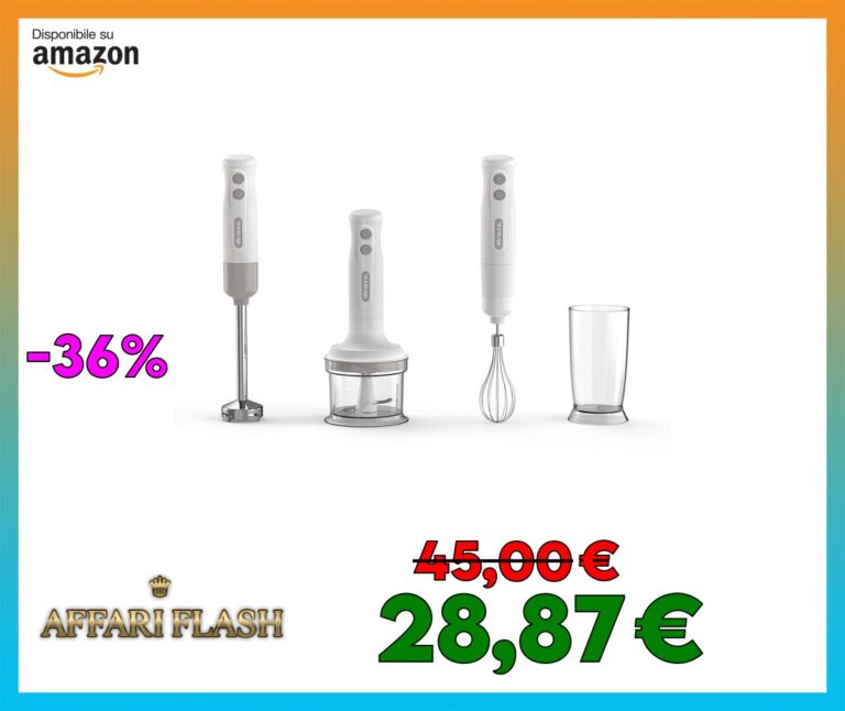Ariete Frullatore a Immersione con Tritatutto Breakfast 606, Frullatore a Immersione, Minipimer con 2 Velocità, Lama in Acciaio Inox, Gamba Removibile, Bicchiere Trasparente Graduato, 700W, Bianco