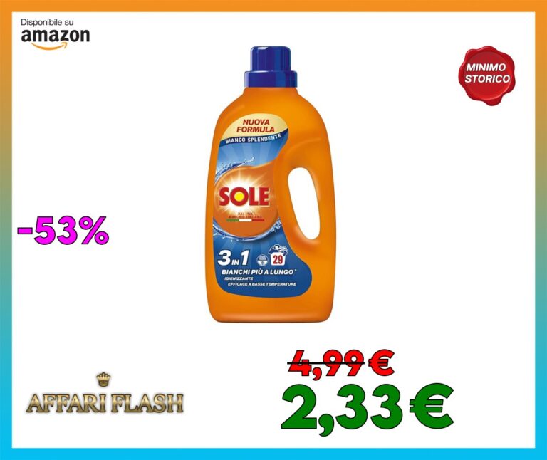 Sole Detersivo Lavatrice Bianco splendente 29 Lavaggi, Formula igienizzante, Detersivo Lavatrice Liquido Bianco Splendente, rimuove le macchie a basse temperature