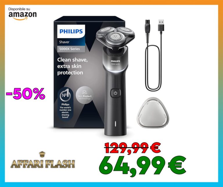Philips Shaver 5000X Series Rasoio elettrico Wet and Dry con tecnologia Skin Protect, testina flessibile a 360°, 1 ora di ricarica/ricarica rapida di 5 minuti, cappuccio a P, Argento, modello X5004/00