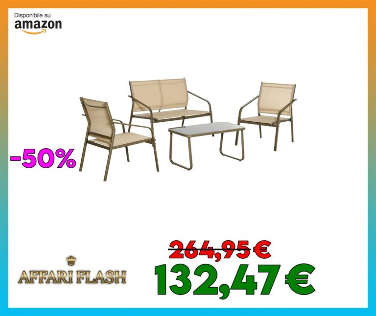 Outsunny Set Giardino Esterno 4 Pezzi, Salotto da Giardino con 2 Sedie, 1 Divanetto e 1 Tavolino da Caffè in Metallo e Texteline, Kaki