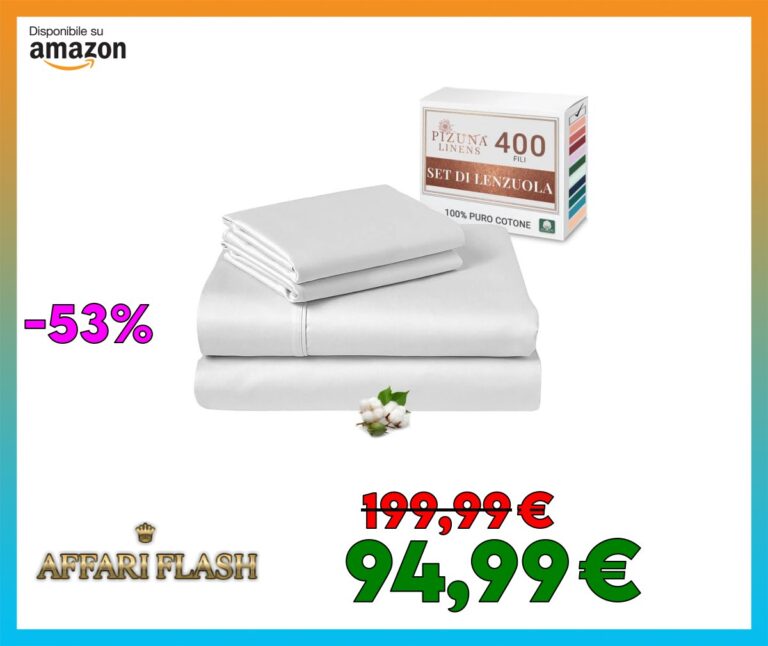Pizuna Set lenzuola letto super king Cotone 180×200 cm Bianco, 400 fili in 100% cotone a fiocco lungo Sateen Biancheria De Letto con 1 lenzuolo con angoli, 1 lenzuolo sopra, 2 federe