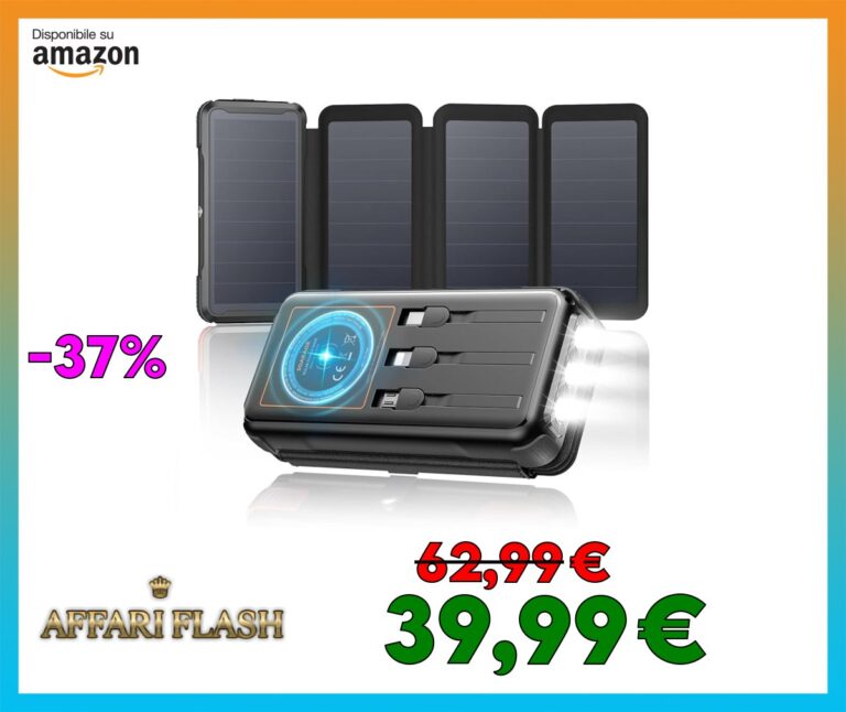 SOARAISE Caricabatterie Solare 25000mAh 20W Caricatore Portatile Senza Fili con 3 Cavi e 4 Pannelli Solari, USB C Power Bank PD QC 3.0 Ricarica Rapida Batteria Esterna con Luci LED per Campeggio