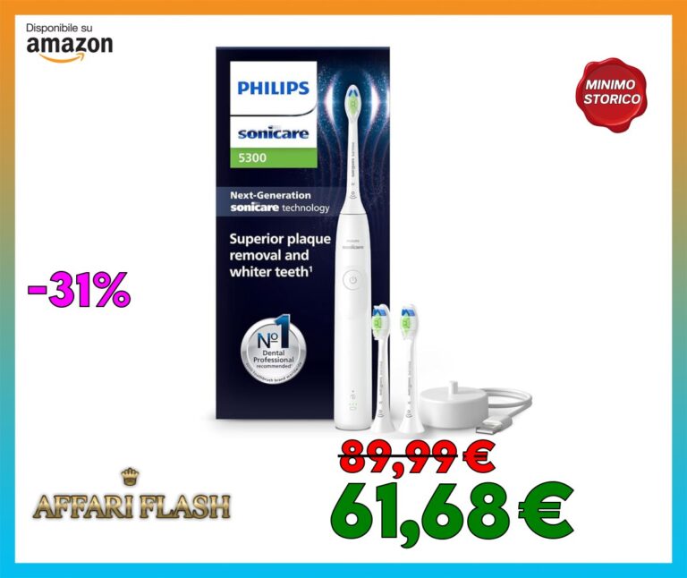 Philips Sonicare 5300 spazzolino elettrico sonico con 2 livelli di intensità, avviso di pressione, EasyStart, Smartimer e BrushPacer, bianco, modello HX7108/04 [Nuova tecnologia]