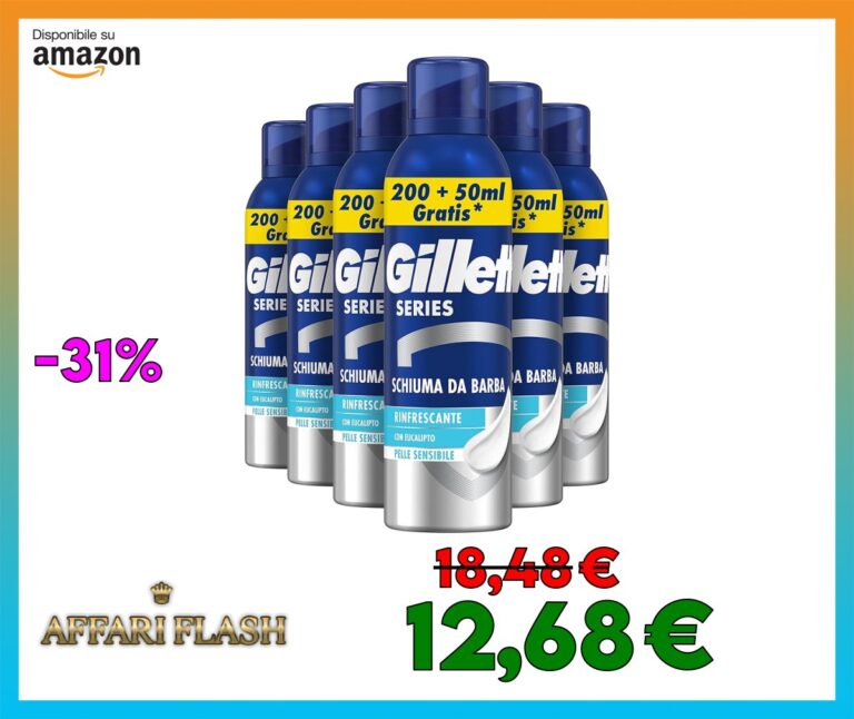 Gillette Series SCHIUMA DA BARBA RINFRESCANTE Con Eucalipto, Effetto Lenitivo, Profumo di Pulito, Riduce le Irritazioni, 250ml X6