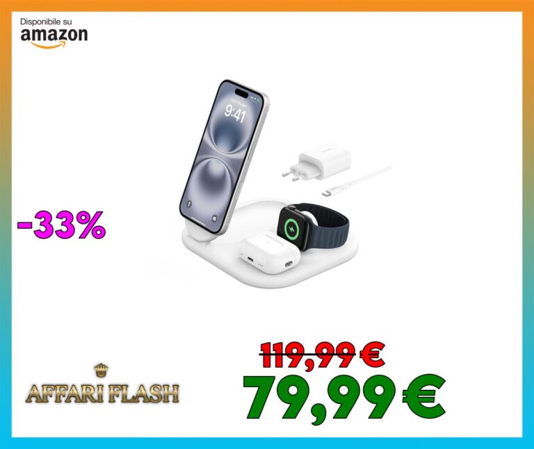 Belkin BoostCharge Caricabatteria magnetico pieghevole 3 in 1 con Qi2 da 15 W, caricatore rapido MagSafe per Apple iPhone 16/15, Apple Watch ed AirPods, base antiscivolo, alimentatore incluso, Bianco