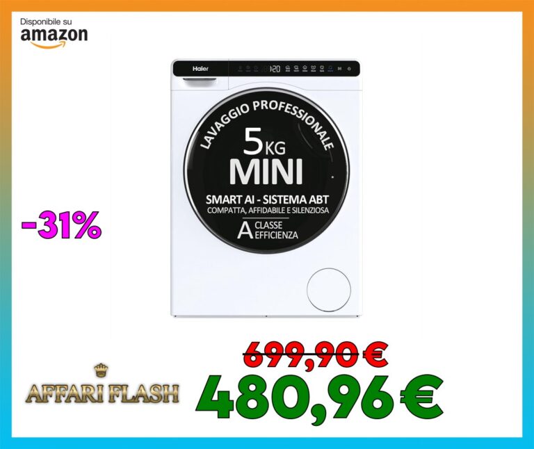 Haier Mini Drum Lavatrice Slim 5 Kg, Libera Installazione, Carica Frontale, Classe A, 1200 Giri, 6 Programmi, Smart AI e Smart Dual Spray, Trattamento ABT, 51 x 44 x 70 cm, Bianca