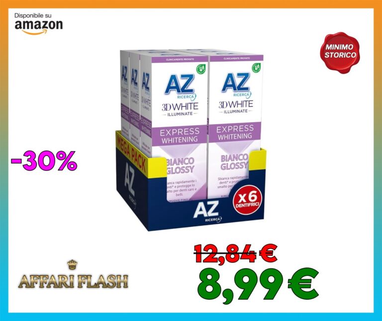 AZ Ricerca DENTIFRICIO 3D White Illuminate Express Whitening BIANCO GLOSSY, SBIANCA Rapidamente e PROTEGGE lo Smalto, RIMUOVE fino al 100% delle MACCHIE, Confezione da 6 (6x50ml), MENTA EUCALIPTO