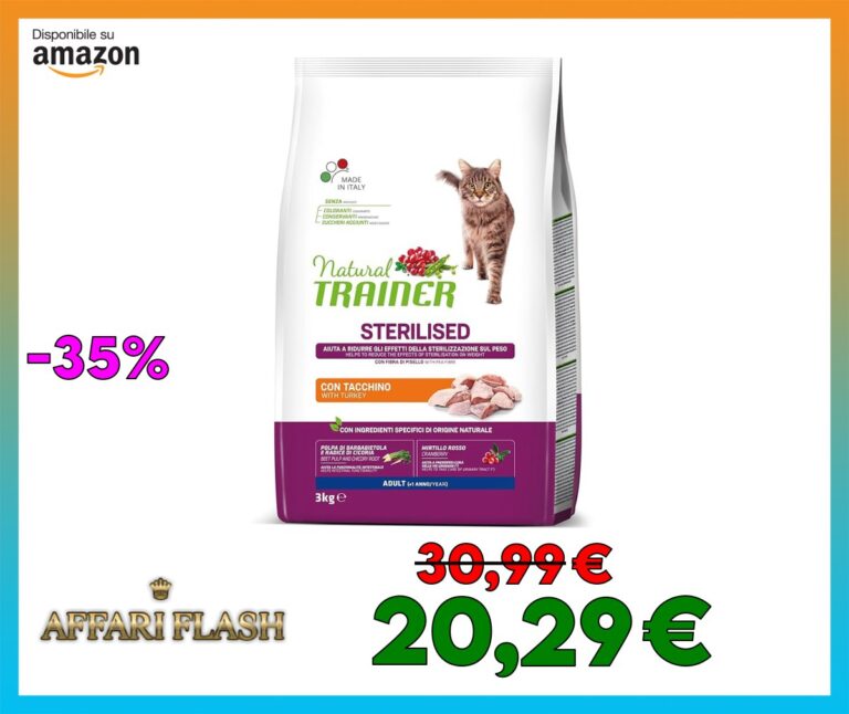 Trainer Natural Cat Sterilised Adult con Carni Bianche e Fibra di Pisello 3 Kg, 3000 Gr