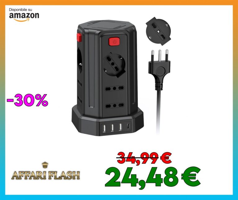 2 Metro Ciabatta Elettrica Multipresa con 12 Prese Universali 10/16A ITA e Schuko e 3 USB A+1 USB C protezione Sovratensione con 4 interruttori indipendenti, Nero