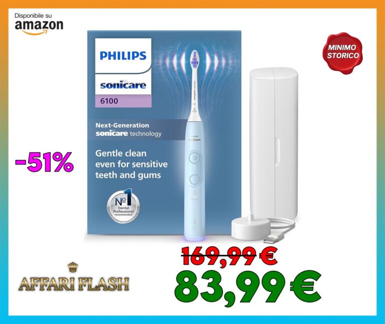 Philips Sonicare 6100, spazzolino elettrico sonico con 2 modalità di spazzolamento e 3 livelli di intensità, avviso di pressione, EasyStart, SmarTimer, azzurro, modello HX7406/02 [Nuova tecnologia]