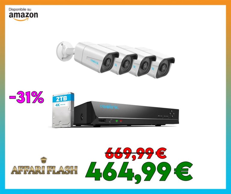 Reolink 4K PoE Kit Videosorveglianza Esterno, Rilevamento Uomo/Veicolo, NVR 8CH 2TB + 4x Telecamere da Esterno, Visione Notturna Infrarossa, Espandibile a 16TB, Impermeabile IP67, RLK8