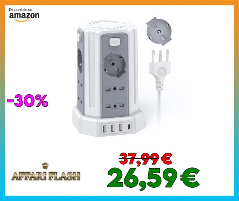 Ciabatta Elettrica Multipresa 3 metro con 12 Prese Universali 10/16A ITA e Schuko e 3 USB A+1 USB C protezione Sovratensione con 4 interruttori indipendenti, Bianco
