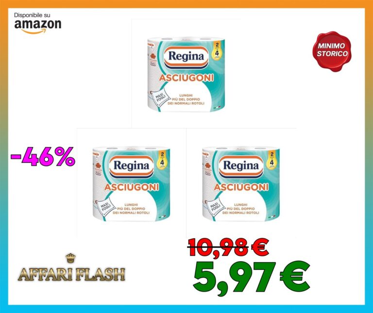 Regina Asciugoni Carta Cucina, Confezione da 6 Rotoli a 2 veli, 100 strappi per rotolo Maxi fogli| Lunghi più del doppio dei normali rotoli