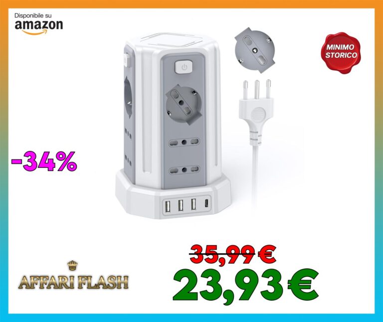 Ciabatta Elettrica Multipresa 2 metro con 12 Prese Universali 10/16A ITA e Schuko e 3 USB A+1 USB C protezione Sovratensione con 4 interruttori indipendenti, Bianco