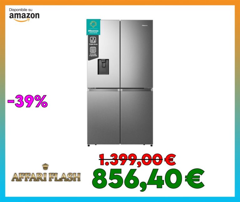 Hisense RQ758N4SWSE Frigorifero Quattro Porte Americano, Grande capacità 606 litri, Finitura Inox, Total No Frost, Classe E, Motore Inverter, Metal Cooling, Convert Zone, WiFi