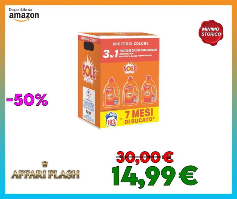 Sole Detersivo Lavatrice Proteggi Colore 183 Lavaggi, Formula igienizzante, Detersivo Lavatrice Liquido Proteggi Colore, rimuove le macchie a basse temperature
