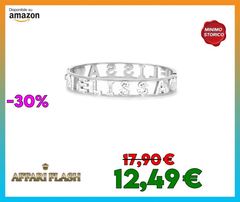 Flowers Bracciale Rigido Acciaio con Nome Vari e Zirconcini Sacchettino in tessuto Scritta nome ricoperta di strass Brillantissimi Bracciale a Manetta Donna Chiusura a molla Idea Regalo