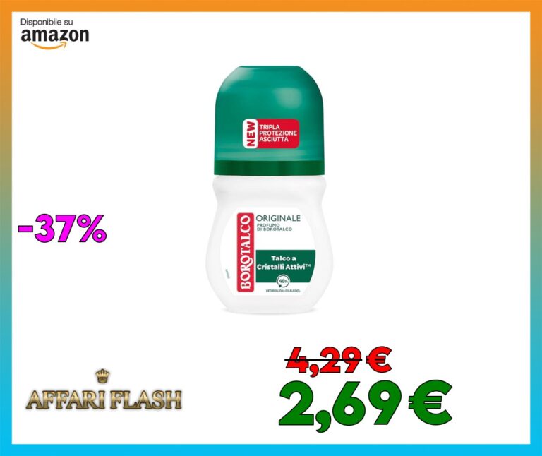 Borotalco, Deodorante Uomo Roll On Asciutto Originale, Formula Senza Alcool con Talco Assoluto, Assorbe il Sudore, Profumo Borotalco, 72h di Efficacia