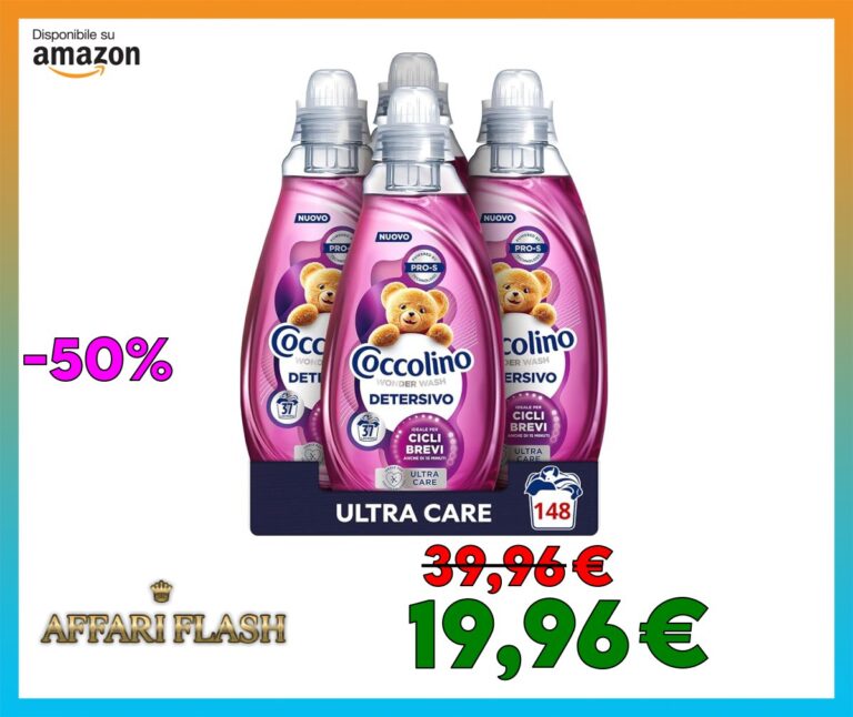 Coccolino Wonder Wash, Detersivo Lavatrice Liquido, Ultra Care, Efficace nei Cicli Brevi da 15 Minuti, Anche a Freddo, Protegge il Colore dei tuoi Capi, Pulizia Profonda, 37 Lavaggi, 4 Pezzi da 1480ml
