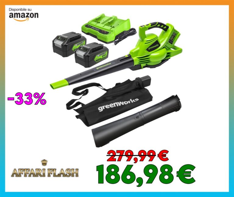 Greenworks 48V(2x24V) Aspirafoglie Soffiatore a Batteria con Tracolla, Motore Brushless, 322km/h, 9m³/min, Sacco di Raccolta 45L, 2 4Ah Batterie, e Caricabatterie, Garanzia 3 Anni GD24X2BVK4X