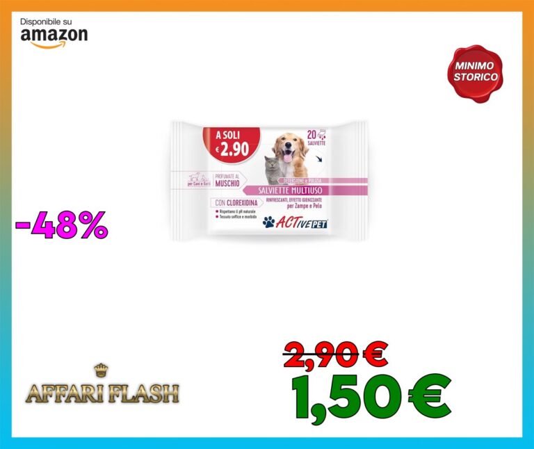 Active Pet Salviette Multiuso con Clorexidina, per la Detersione e Pulizia del Pelo di Cani e Gatti, Profumate al Muschio