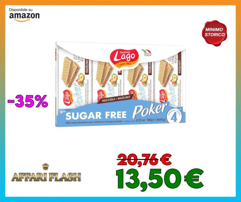 Lago 1968, Poker Nocciola Sugar Free 4x45g, Wafer con Vellutata Crema alla Nocciola 74%, 3 Strati Friabili di Wafer Senza Zuccheri, Ideali per Dieta Ipocalorica (Confezione da 6)