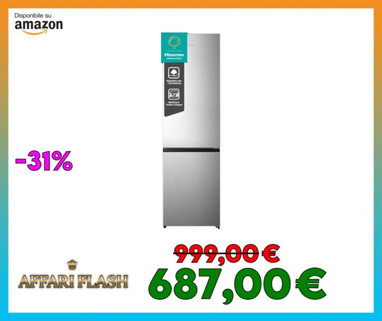 Hisense RB440N4ACA Frigorifero Combinato Total No Frost, Inox, 200×60 cm, Risparmio Energetico Classe A, Grande capacità 335L, Bassa Rumorosità 35db, Porta reversibile, Motore inverter