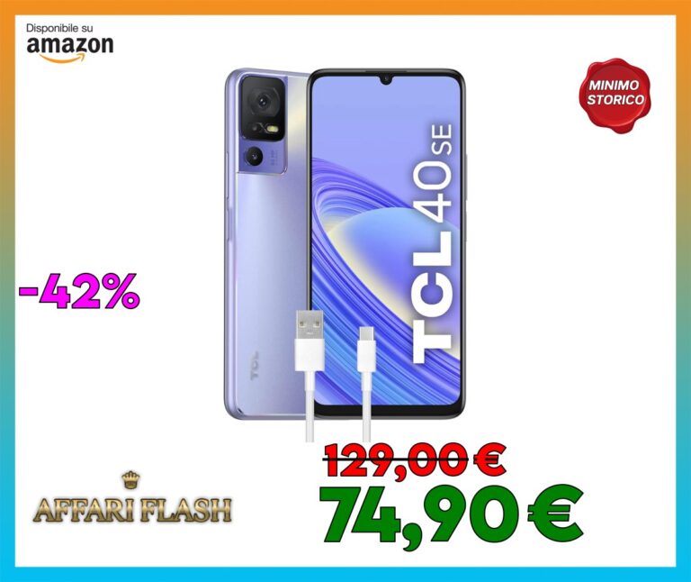 TCL 40SE Smartphone 4G Display 6.75″ HD+ 90 Hz, 256 GB, 6 GB RAM, Tripla Camera da 50 Mpx, Android 13, Batteria 5010 mAh Ricarica Rapida, Dual Sim, Purple, con Cavo USB Type