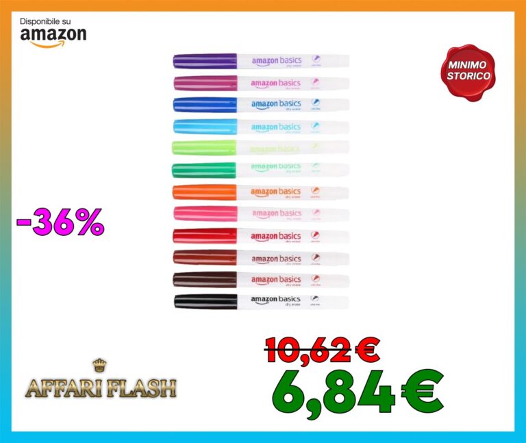 Amazon Basics Pennarelli cancellabili a secco, con punta ultra fine, senza odori fastidiosi, per lavagna bianca, colori assortiti, 12 pezzi