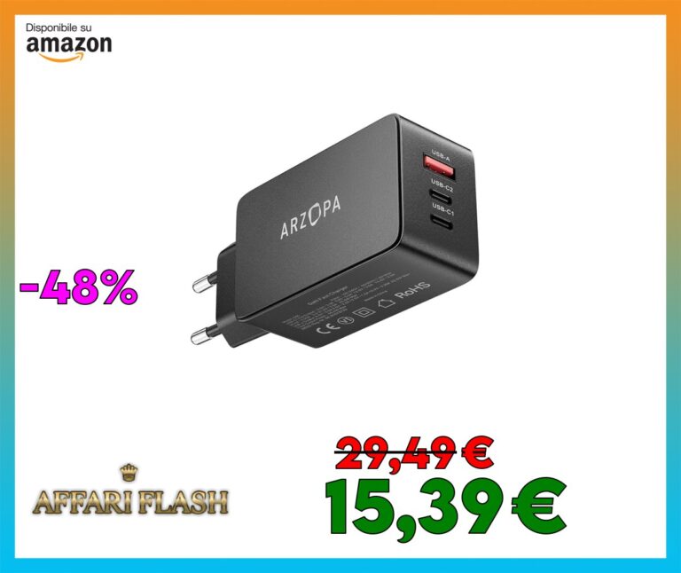 ARZOPA 65W Caricatore USB C Rapido Multiplo GaN Alimentatore 3 Porte Caricabatterie USB C PD 3.0 PPS Compatibile Galaxy S24/S23/S22/S21, MacBook PRO/Air, iPad PRO/Air, iPhone 15/14/13