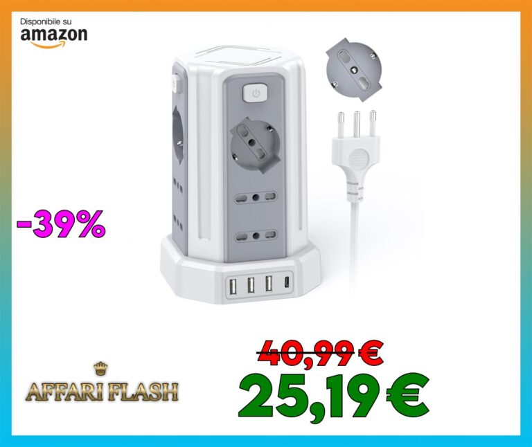 Ciabatta Elettrica Multipresa 2 metro con 12 Prese Universali 10/16A ITA e Schuko e 3 USB A+1 USB C protezione Sovratensione con 4 interruttori indipendenti, Bianco