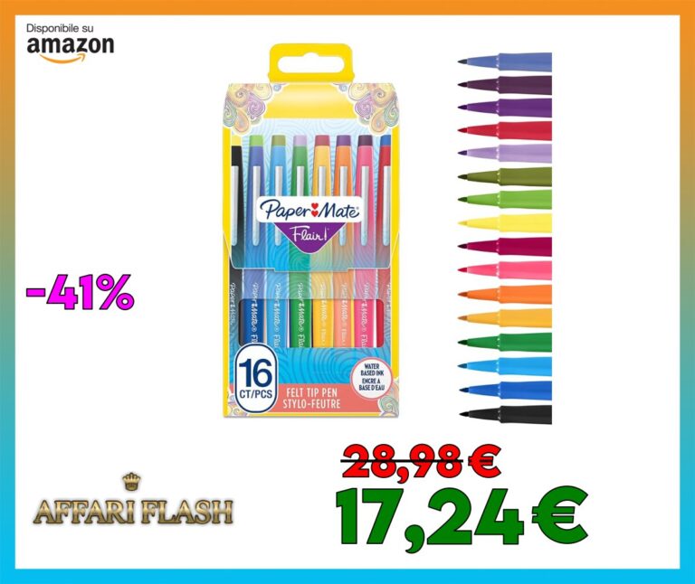 PaperMate Flair Penna con Punta in Feltro, Colori Assortiti, Punto Medio, 16 Pezzi