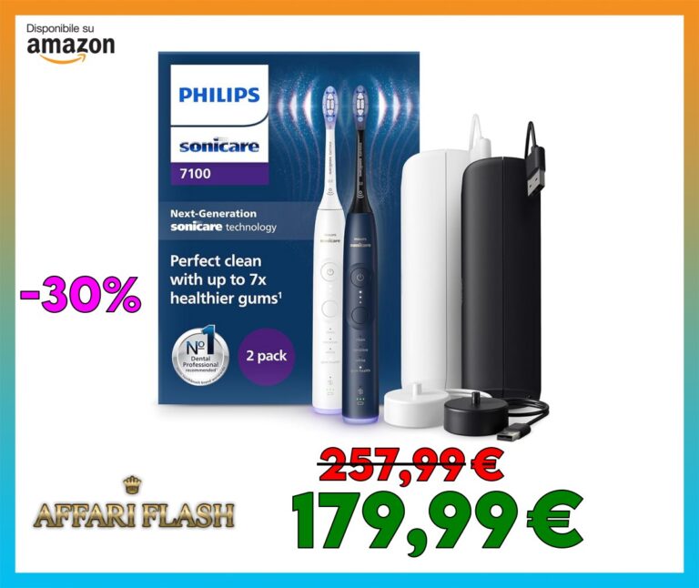 Philips Sonicare 7100, spazzolino elettrico sonico con app, 4 modalità di spazzolamento e 3 livelli di intensità, SmarTimer, bianco e blu navy, confezione da 2, HX7429/01 [Nuova tecnologia]