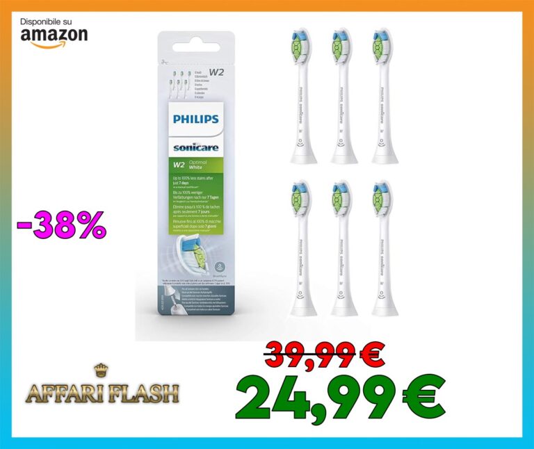 PHILIPS Sonicare W2 Optimal White Testine Standard Per Spazzolino Elettrico Sonico, Bianco, 6 Unità, Confezione Da 1, Vecchio, 6 Testine