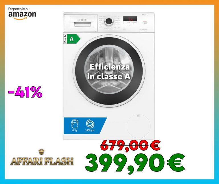 Bosch WGE03200IT Serie 2 Lavatrice a carica frontale, 8 kg, 1200 giri, Classe energetica A, motore inverter con 10 anni di garanzia, Lavaggio igienico anche a 40 °C, Bianco, 60 Cm
